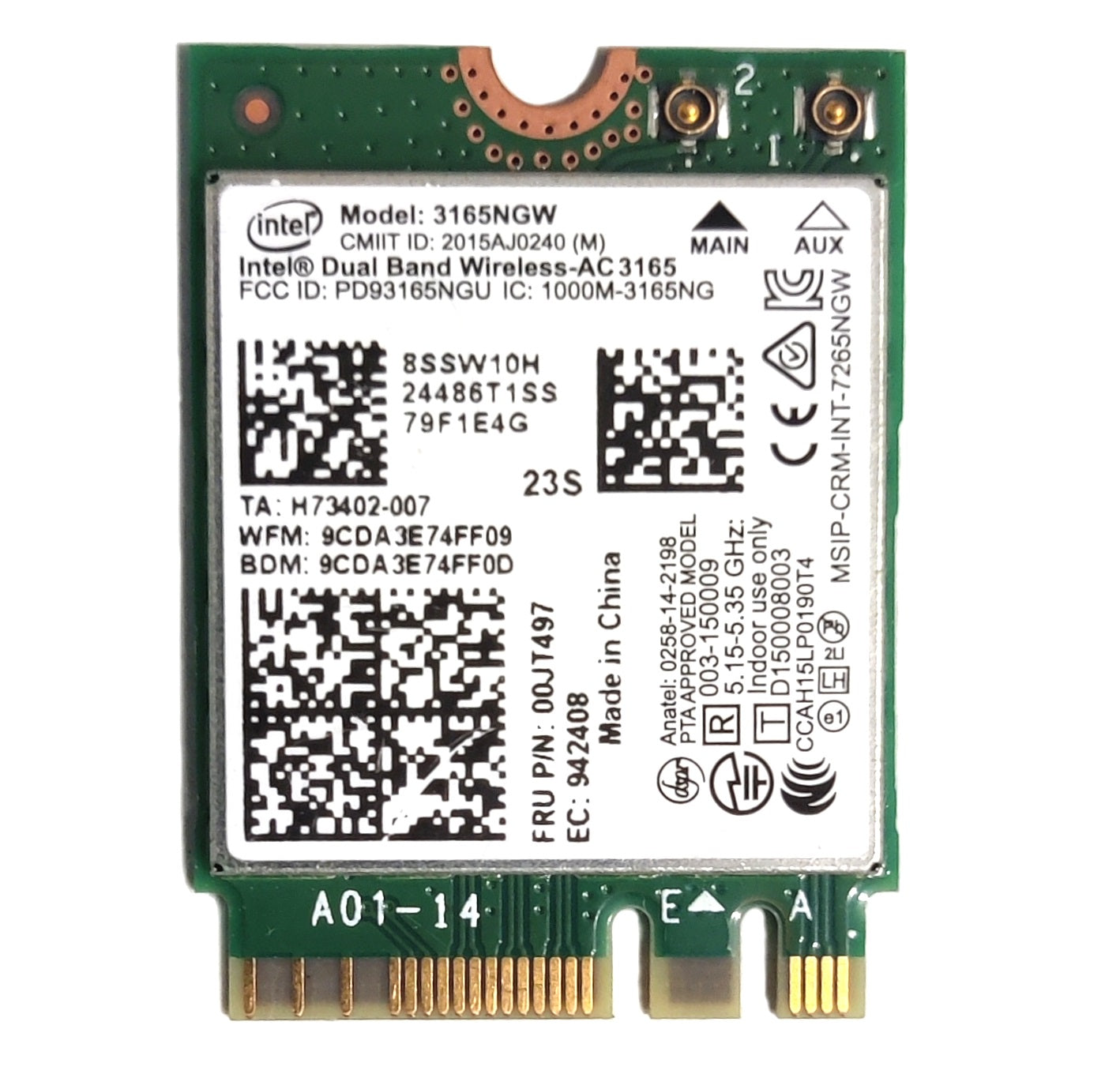 Intel M.2 NGFF WLAN Modul AC 3165 NGW 802.11ac Wi-Fi 5 BT 4.2 FRU 00JT497